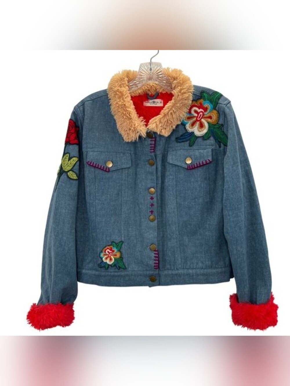 Natural Life NWT Embroidered Faux Fur Boho Denim Jacket Size L - Picture 2 of 8